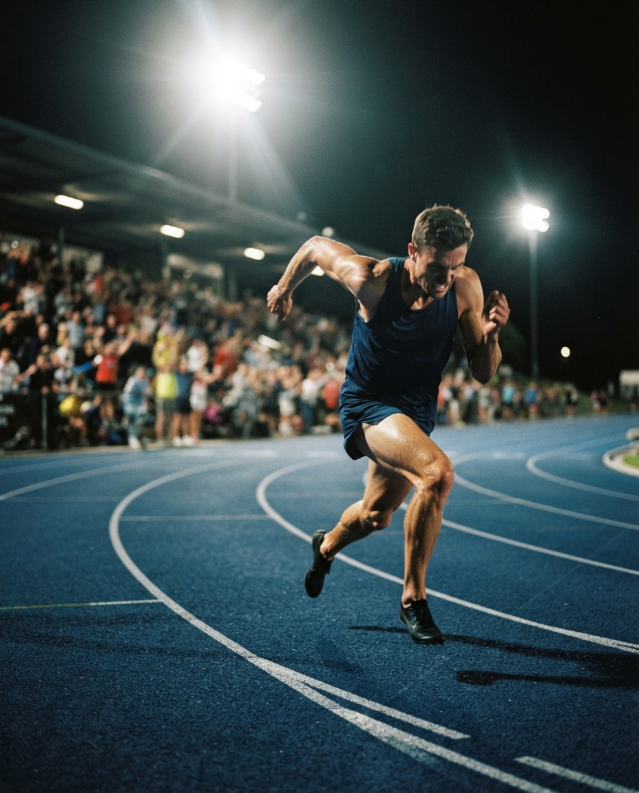 A middle distance runner driving down the home straight of a floodlit track at night