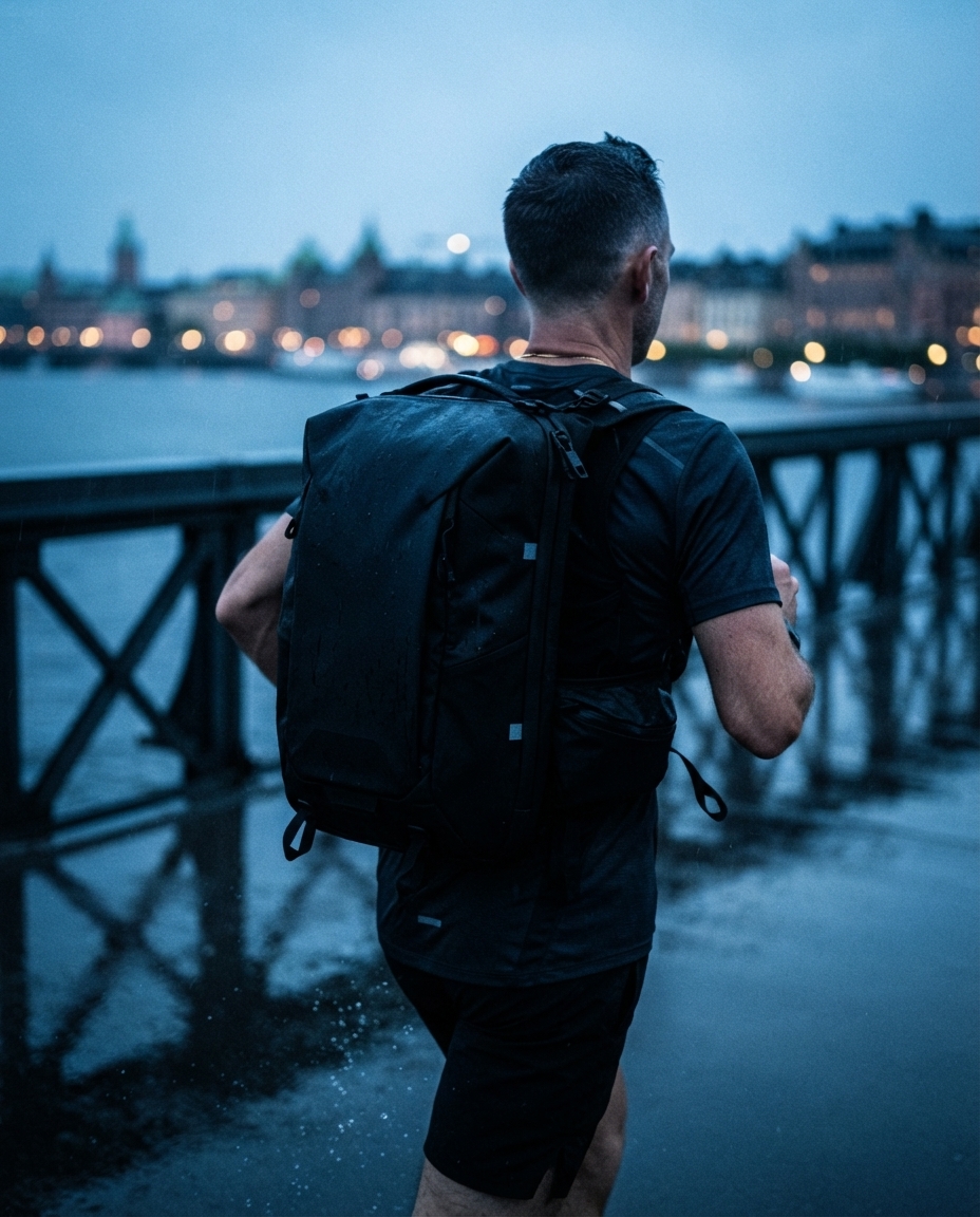 A runner wearing a black commuter pack crossing a rain-slick Stockholm bridge at blue hour