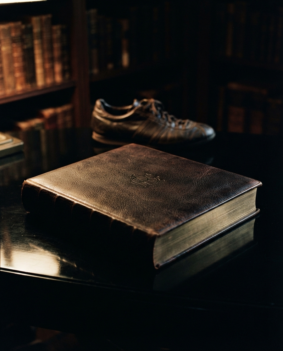 A thick leather bound art book closed on a black lacquered table in a dim library, a sneaker out of focus behind it