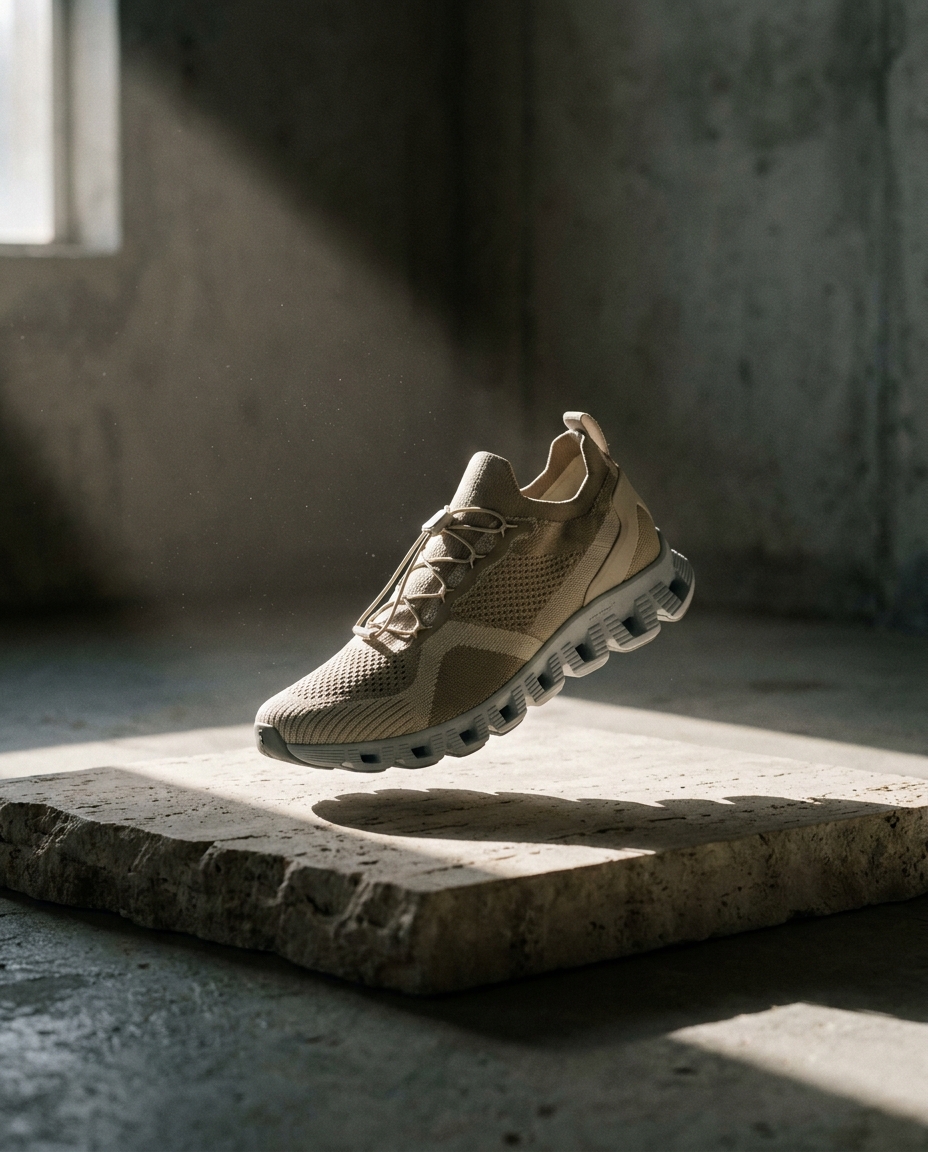 A technical running sneaker with a knit upper on a travertine slab in a bare concrete room.