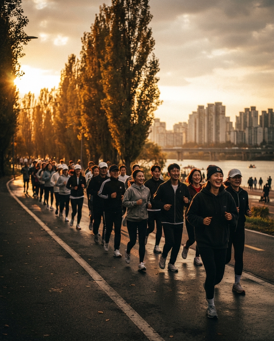 A long single-file line of people jogging very slowly through a riverside park at golden hour