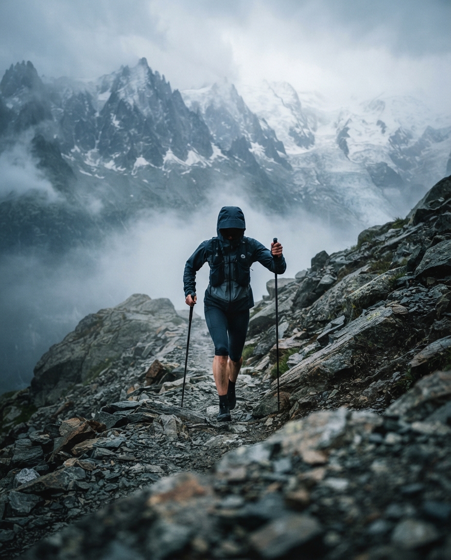 A trail runner powering up a steep rocky switchback in cold alpine morning light