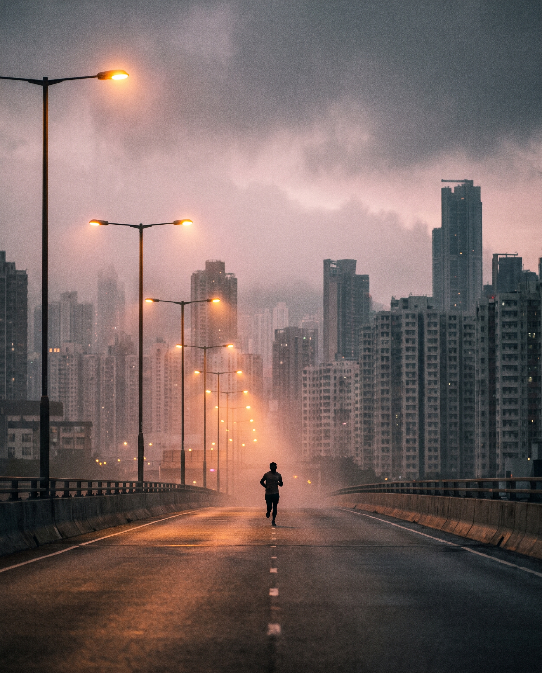 Lone runner in silhouette on an empty elevated highway cutting through a misty Chinese megacity at dawn