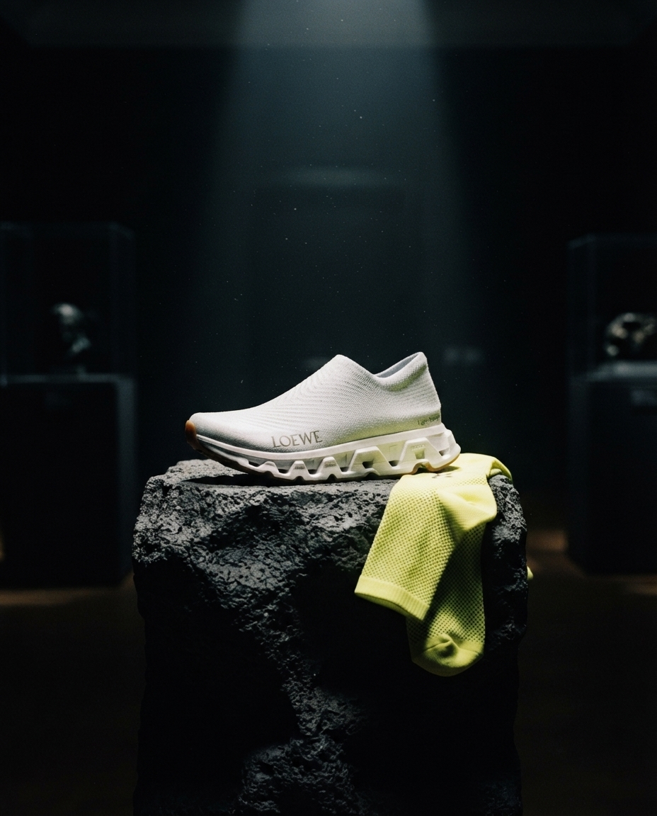 LOEWE × On LightSpray Cloudmonster on a stone plinth under gallery light