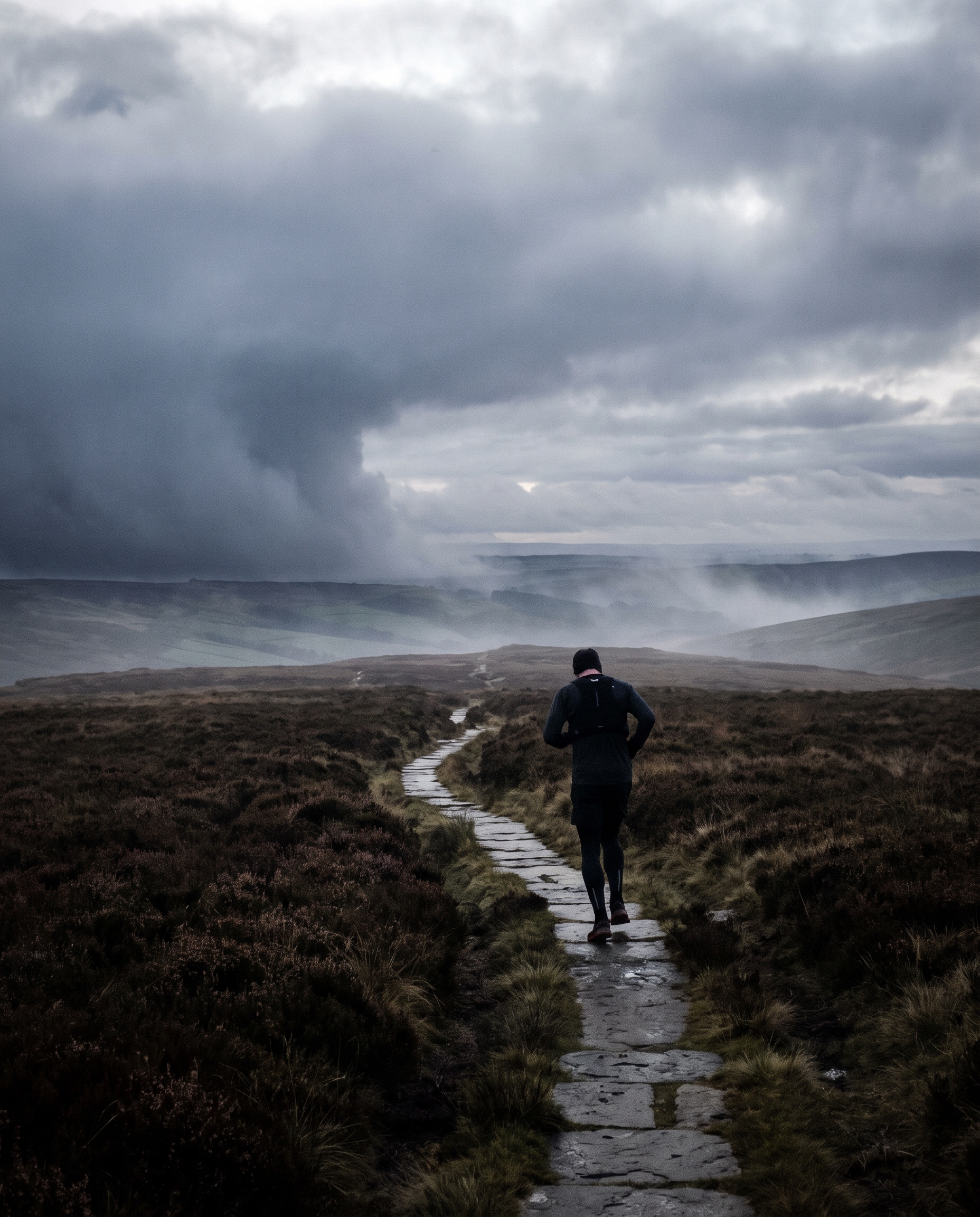 A lone runner at dawn on a flagstone path across vast English moorland