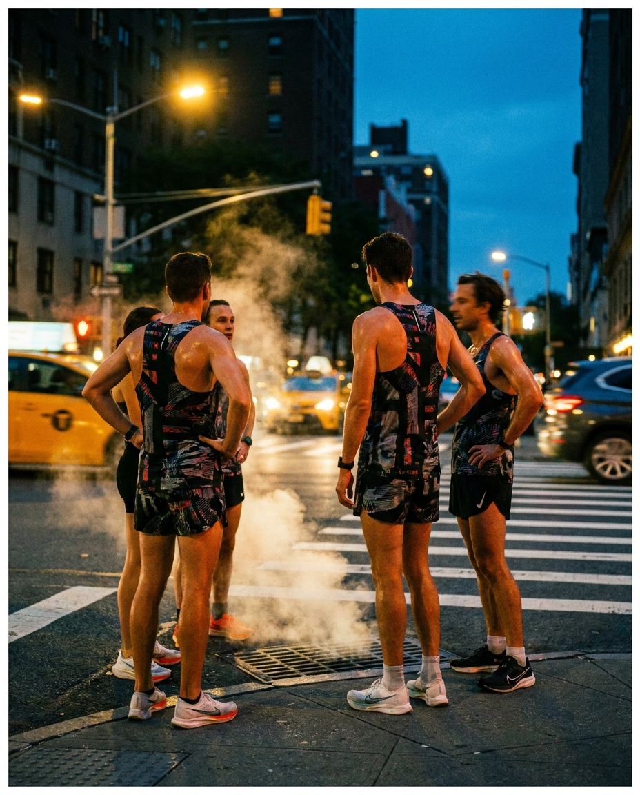 City run crew in bold printed kit pausing at a Manhattan crosswalk at dusk