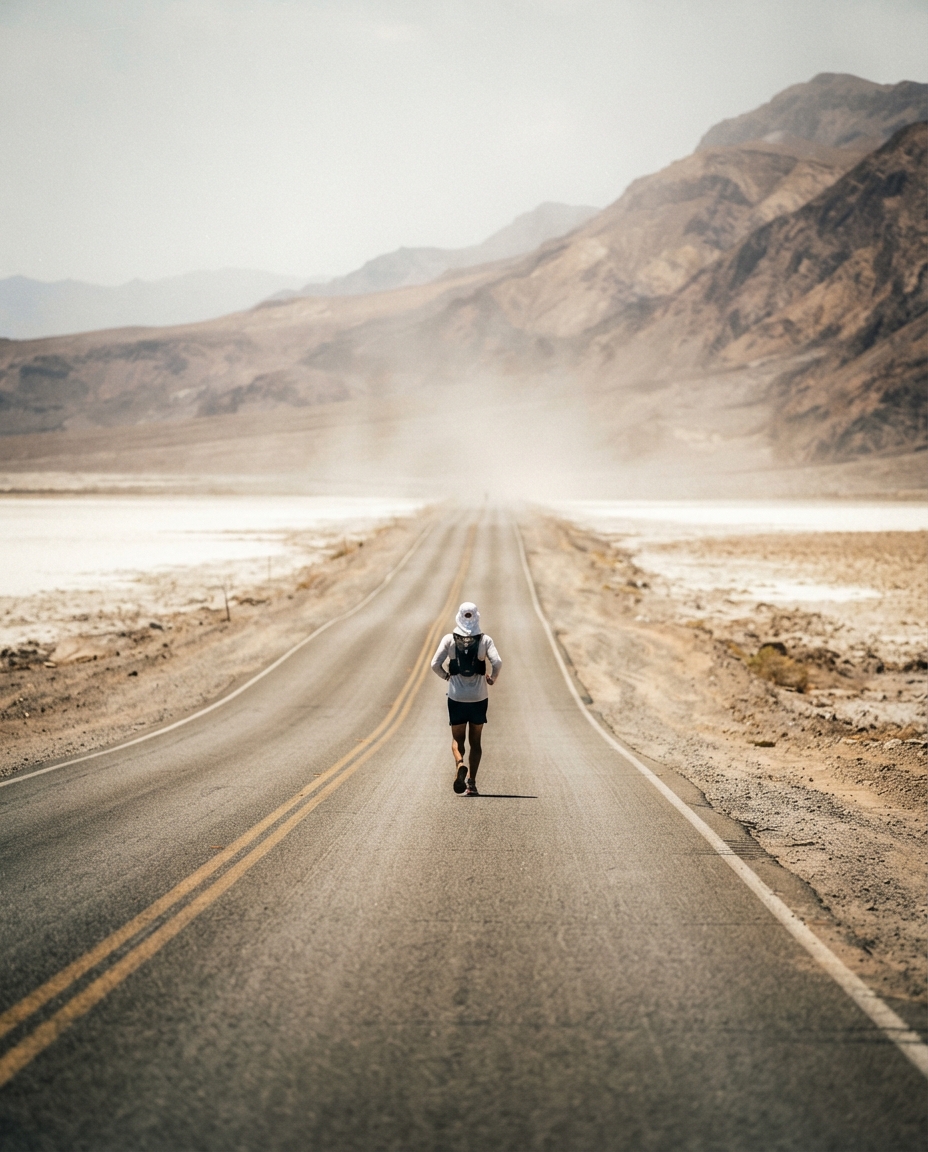 Lone runner far down a shimmering Death Valley highway in heat haze