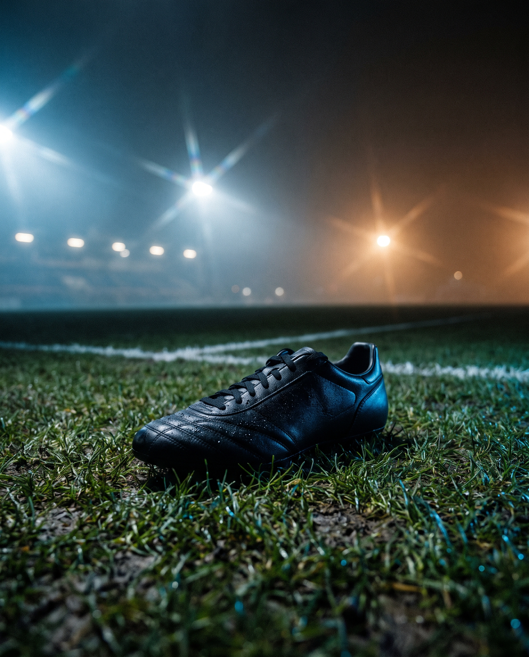 A single black football boot on floodlit wet grass beside white track lanes at night
