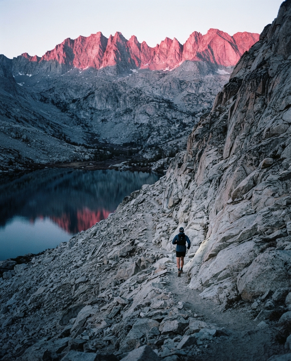 A lone trail runner small against a granite Sierra Nevada headwall at first light, an alpine lake mirror-flat below and alpenglow on the summit ridge.