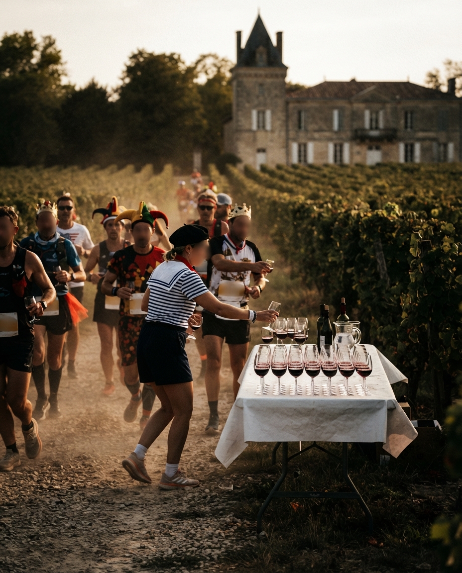 Costumed marathon runners passing a wine tasting table beside a stone chateau in Bordeaux vineyards