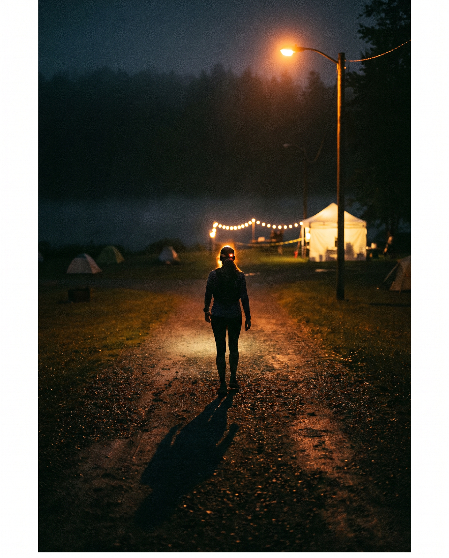 A lone runner walking a lamplit campground loop at night, tents and a glowing timing tent behind her