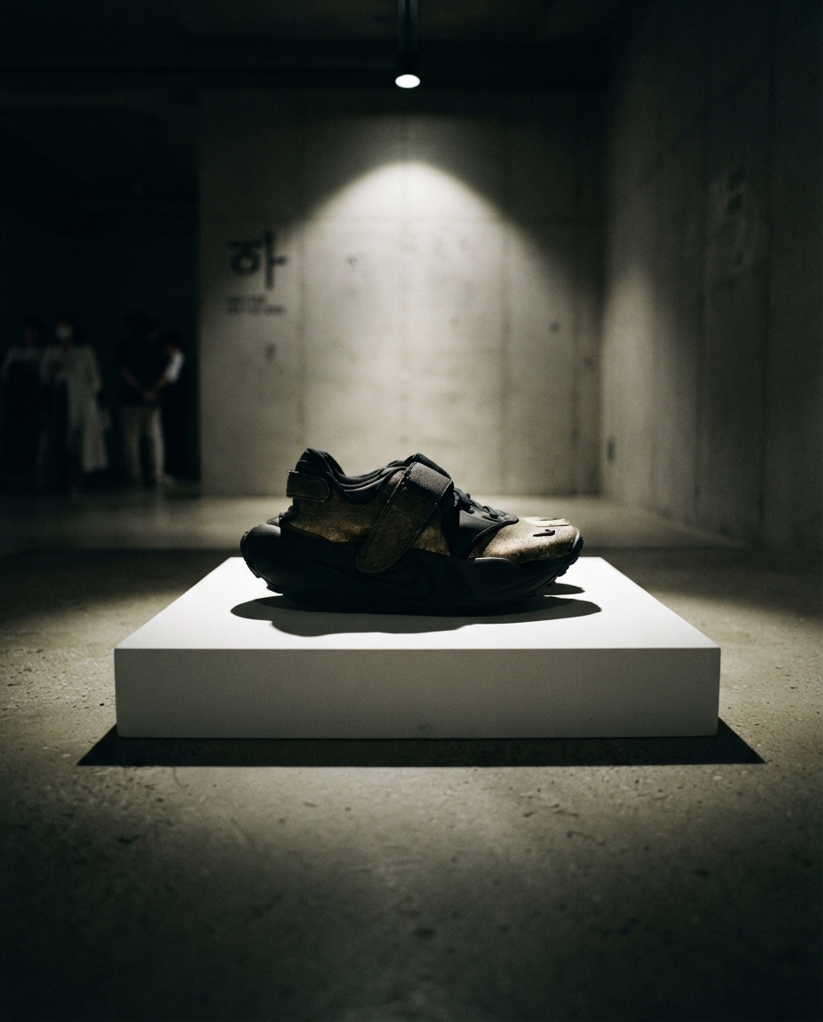 The Melitta Baumeister Nike Rift Rocker on a white plinth in a dim concrete gallery