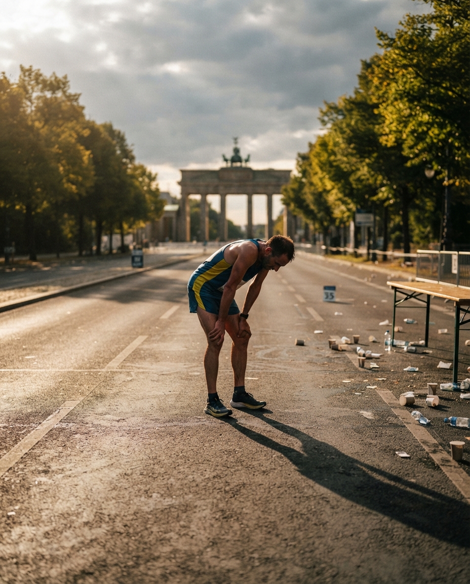 Marathoner stopped with hands on knees in the middle of an empty tree-lined boulevard at dawn