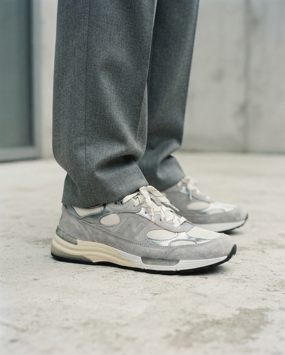 Grey suede and mesh 992 sneakers under grey wool trousers on pale concrete