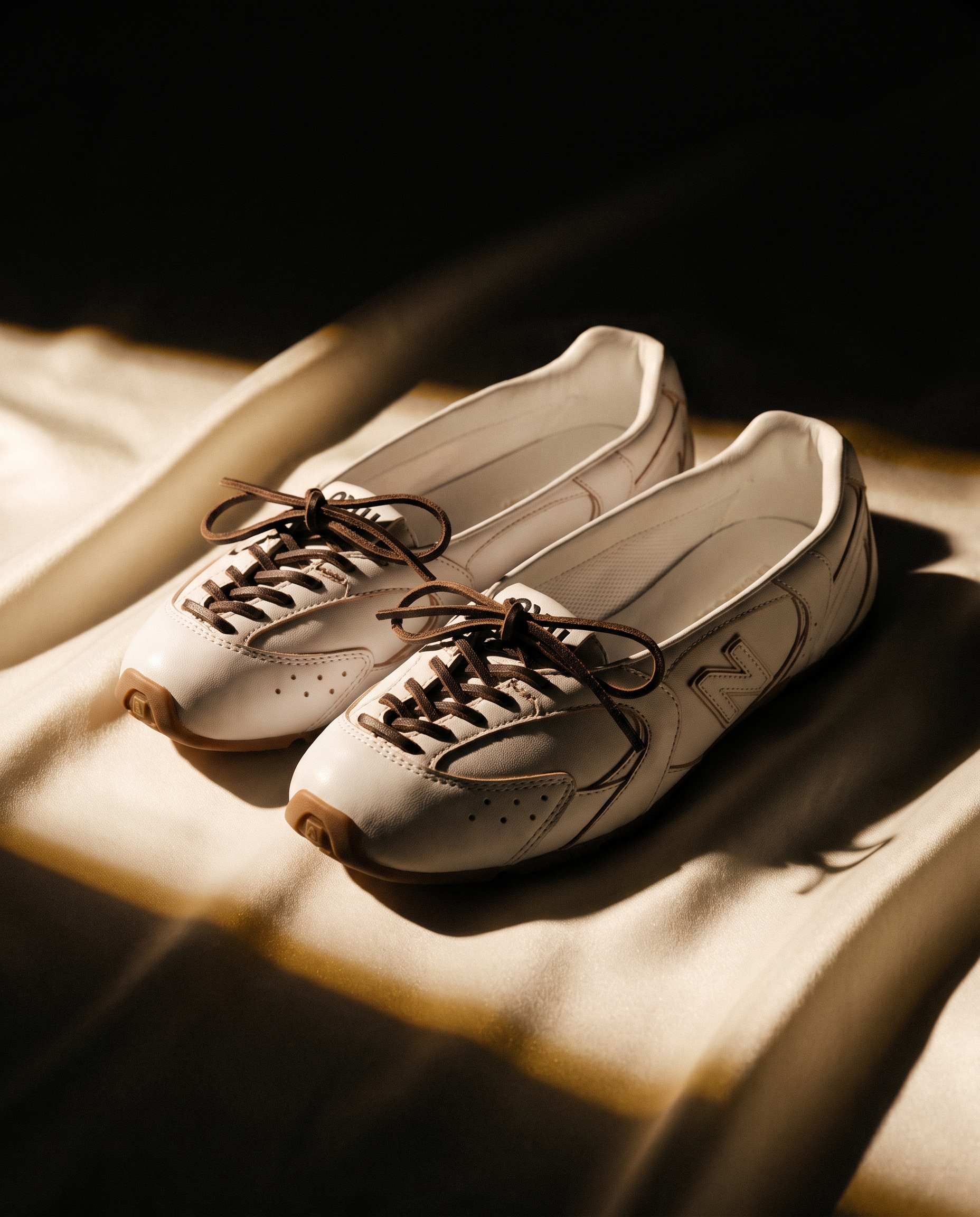 A leather ballet flat with sneaker proportions on crumpled ivory silk, raking warm light, deep shadow.