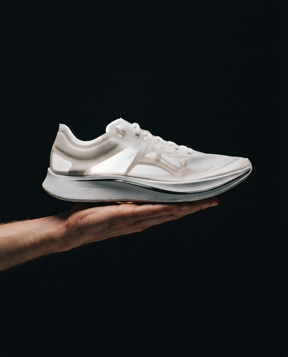 An impossibly thin white carbon-plated racing flat balanced on an open palm against a black background.