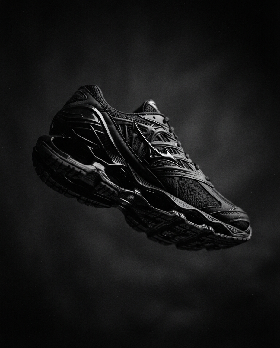 An all black running shoe with a visible sculpted wave plate in the sole, lit against black