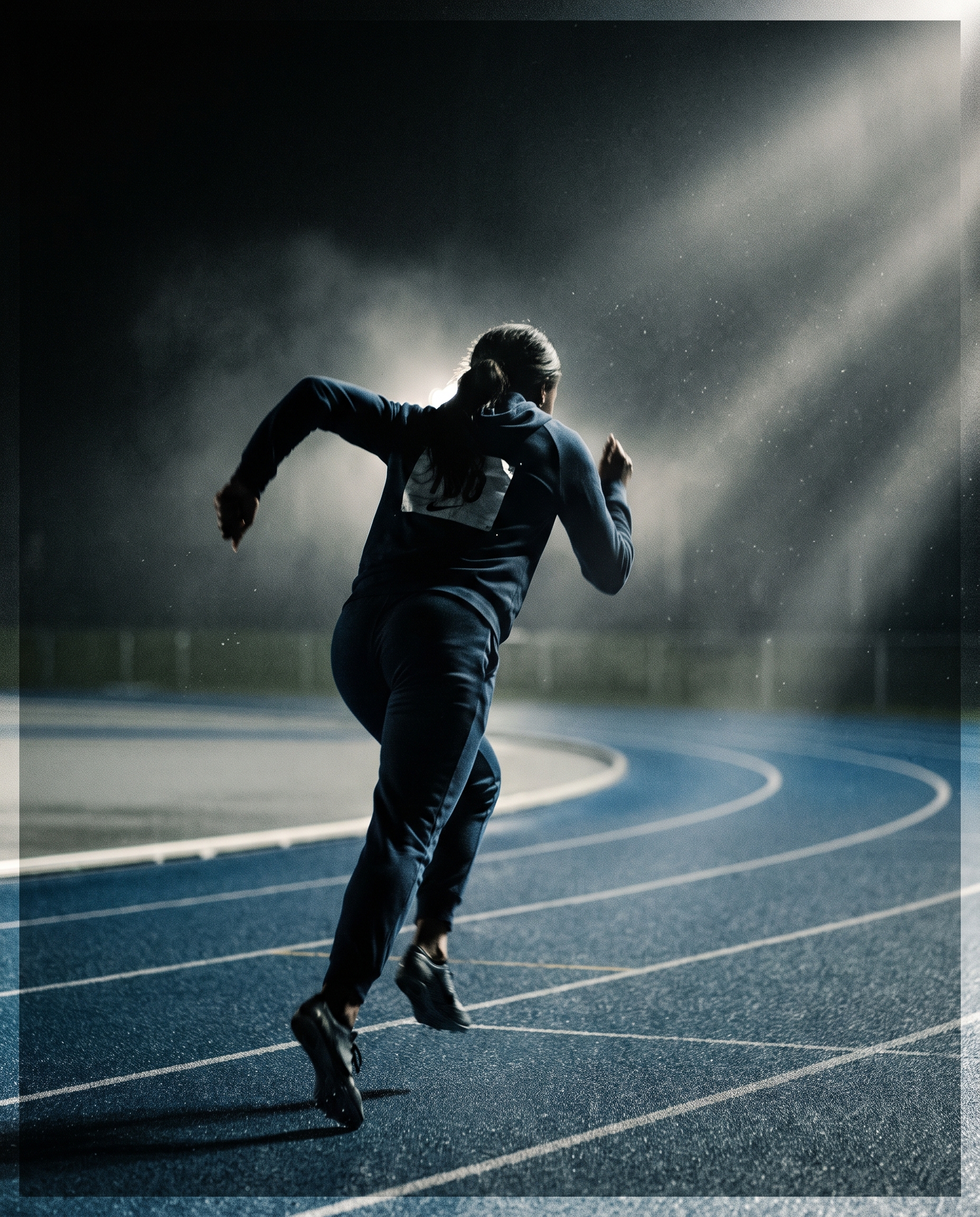 A sprinter torqued into the bend of a floodlit stadium track at night, lanes empty beside her.