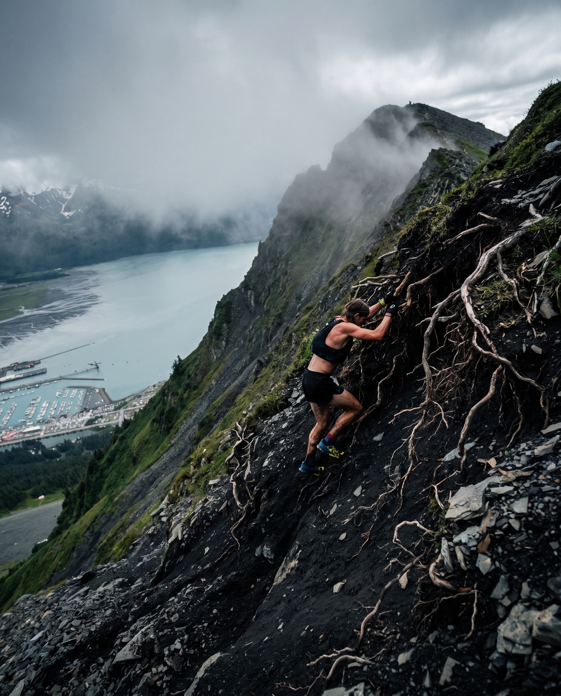 Trail runner scaling a near vertical wall of dirt and roots above a grey Alaskan bay