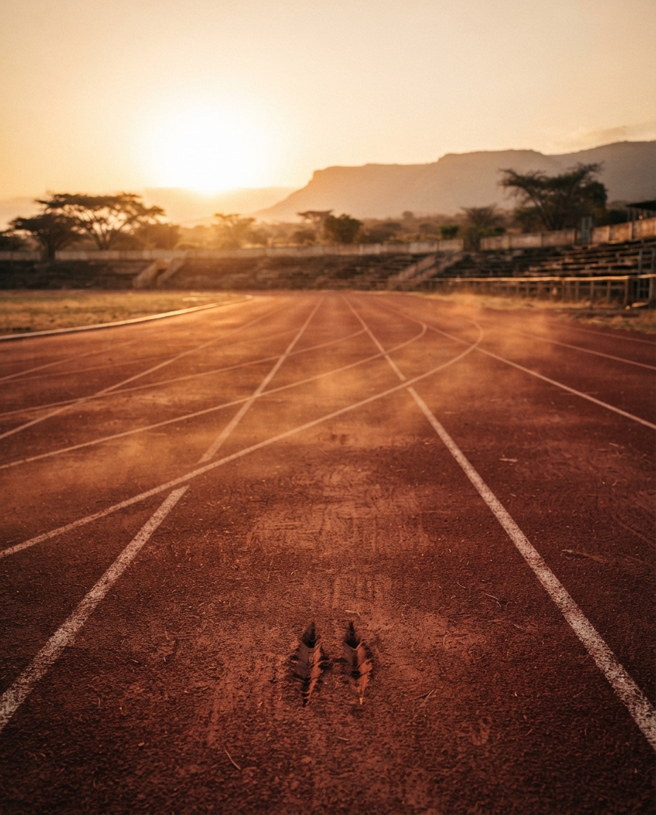 An empty red running track at golden hour with hazy East African escarpment beyond the stands.