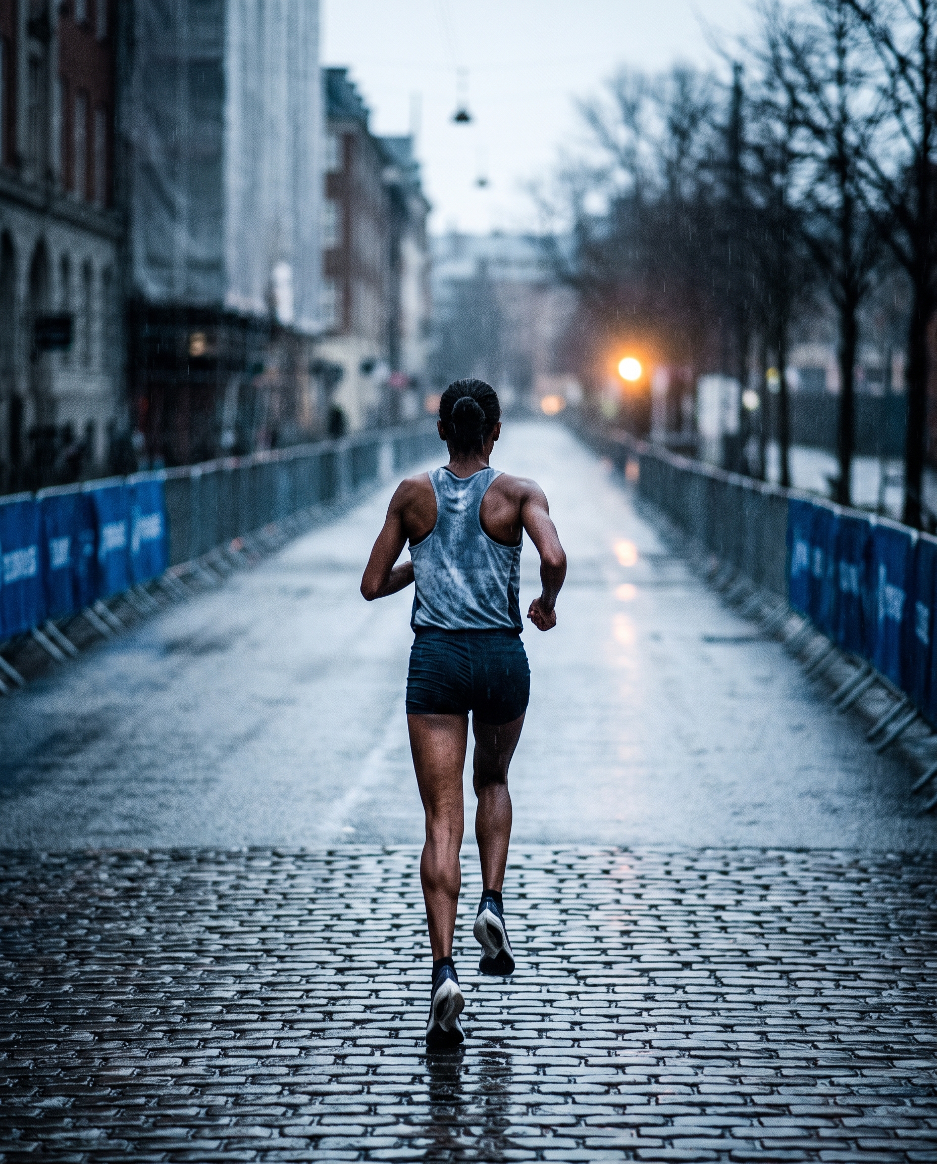 A lone women's distance runner at full speed on a wet Copenhagen street at dawn, the road empty ahead of her.