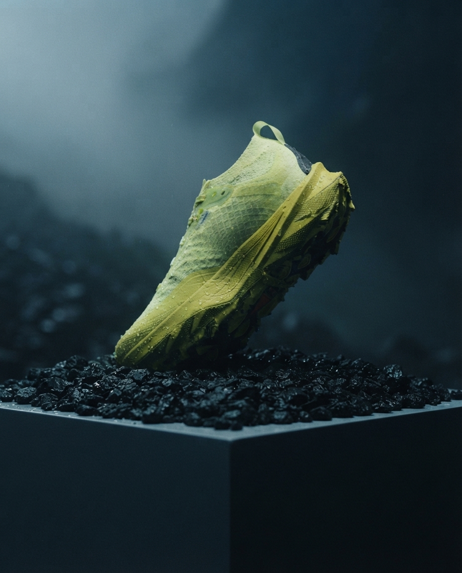 A big-mountain trail running shoe standing on wet black volcanic scree in cold alpine light.