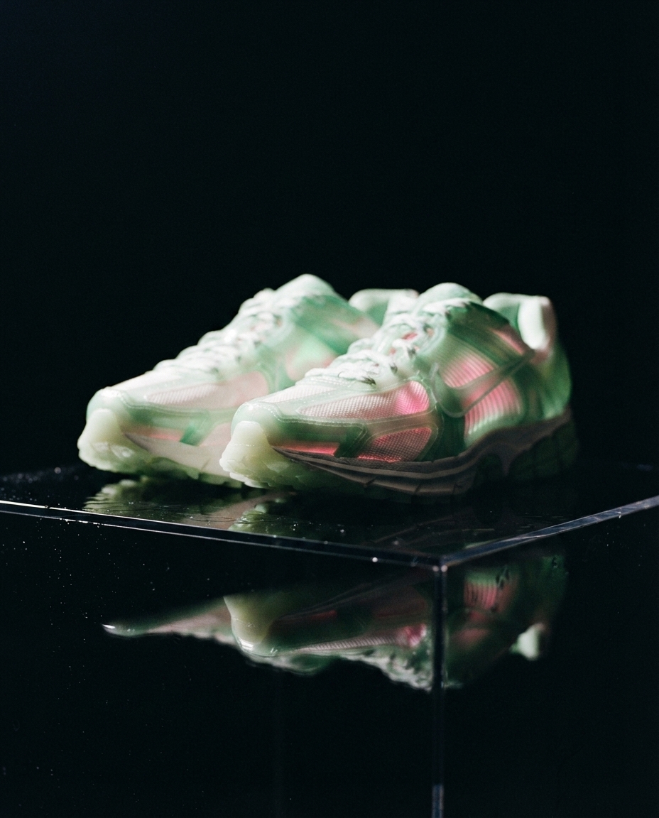 A translucent candy-tinted running shoe glowing on a wet black pedestal