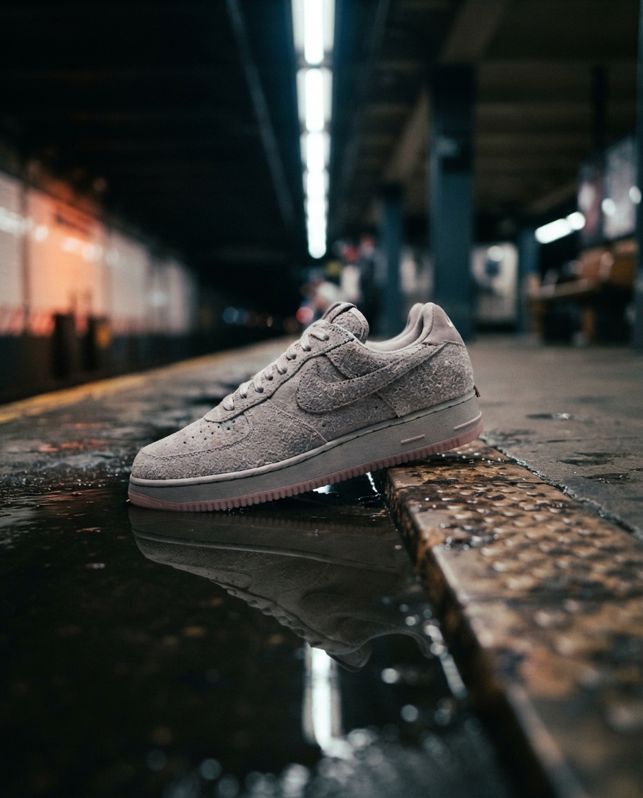 A shaggy grey suede low-top sneaker with pink detailing and a tail extension at the heel, set on a wet subway platform at night
