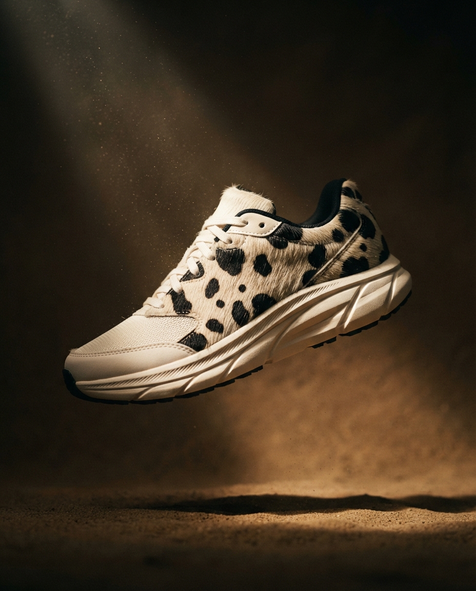 Cream and black cow print road running shoe on a warm sand backdrop
