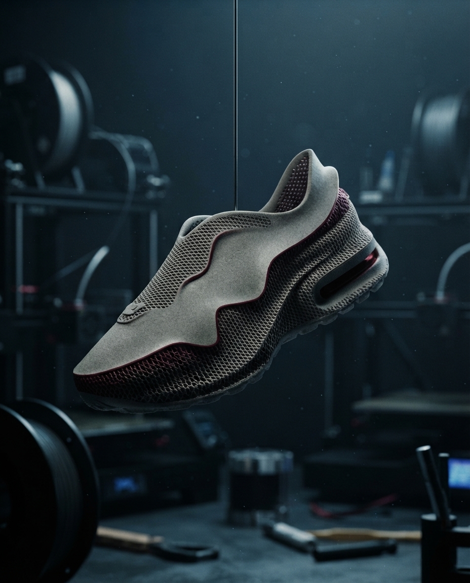 A seamless 3D printed sneaker in stone grey and burgundy suspended in a dark print lab