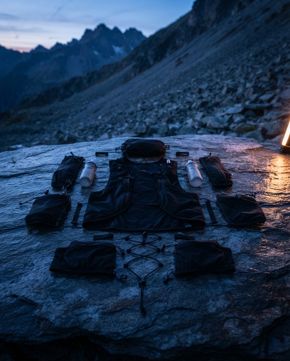 A trail running vest laid flat on wet dark slate with its pockets, straps and flasks detached and arranged around it like an exploded diagram