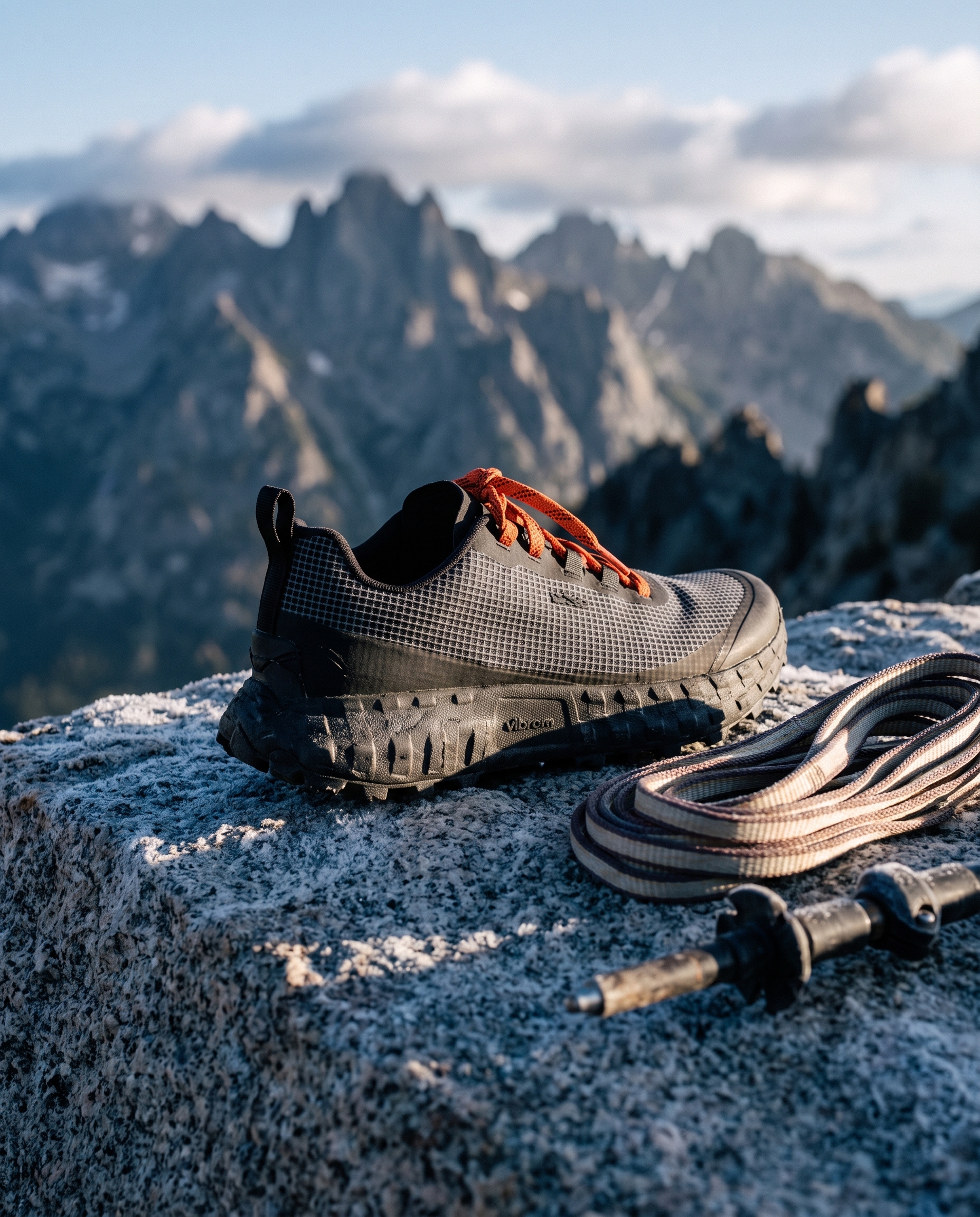 The norda x Black Diamond 000 trail shoe on a granite ledge at alpine dawn
