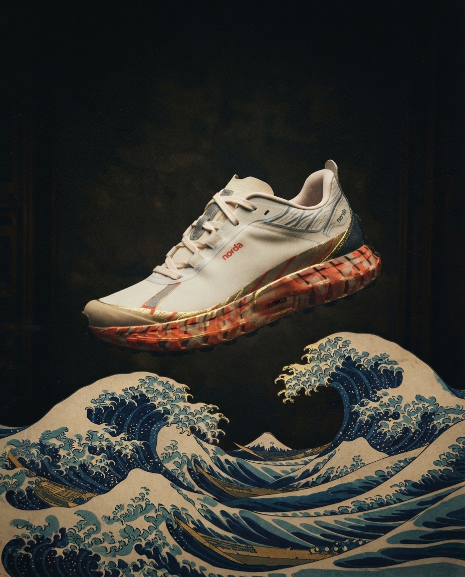norda Kanagawa trail shoe floating over woodblock-print waves