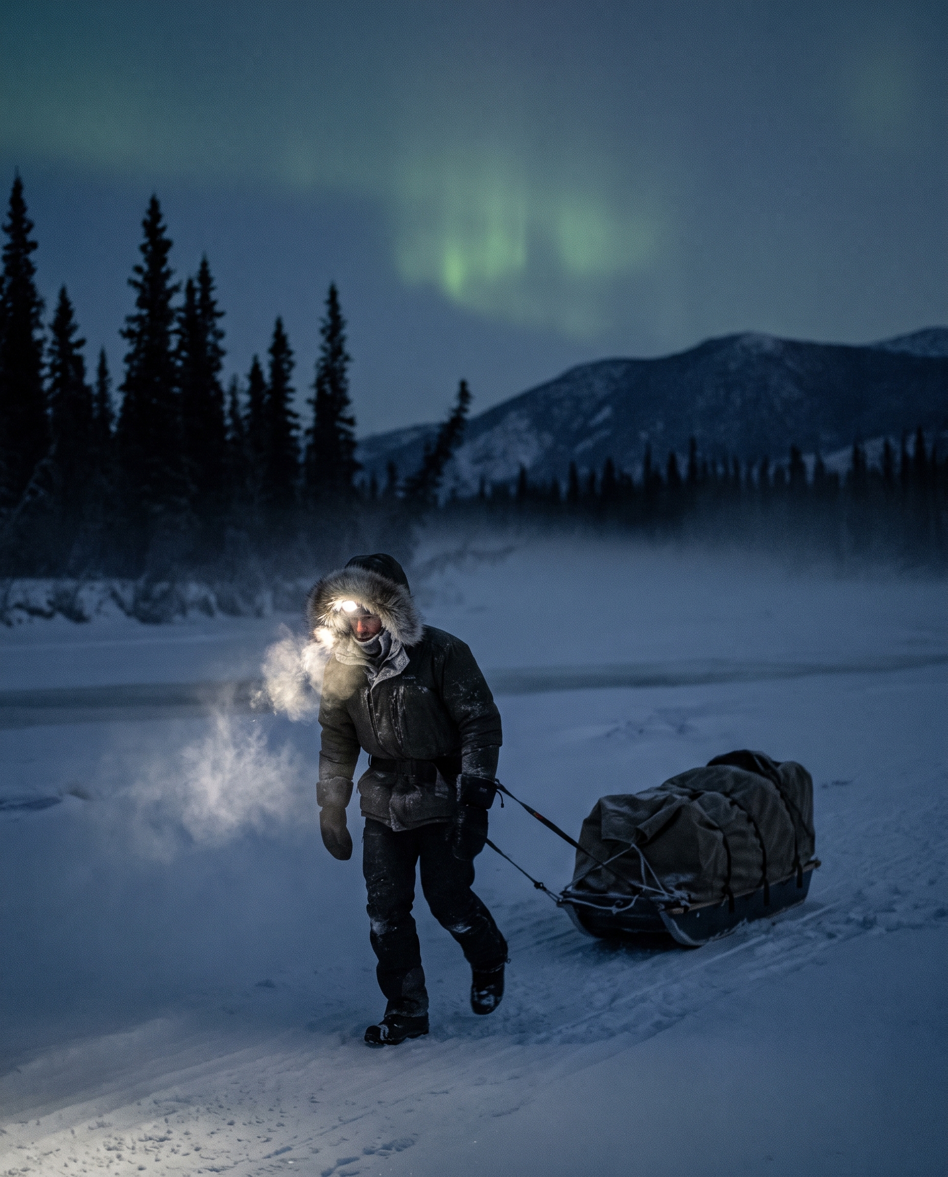 A lone ultrarunner hauling a sled across a frozen Yukon river at blue twilight, aurora faint overhead