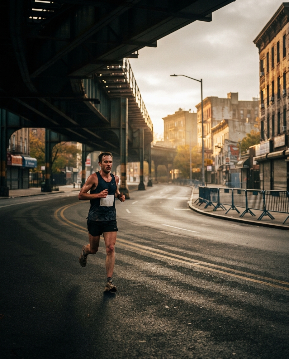 A lone runner rounding a corner on an empty Bronx avenue at dawn