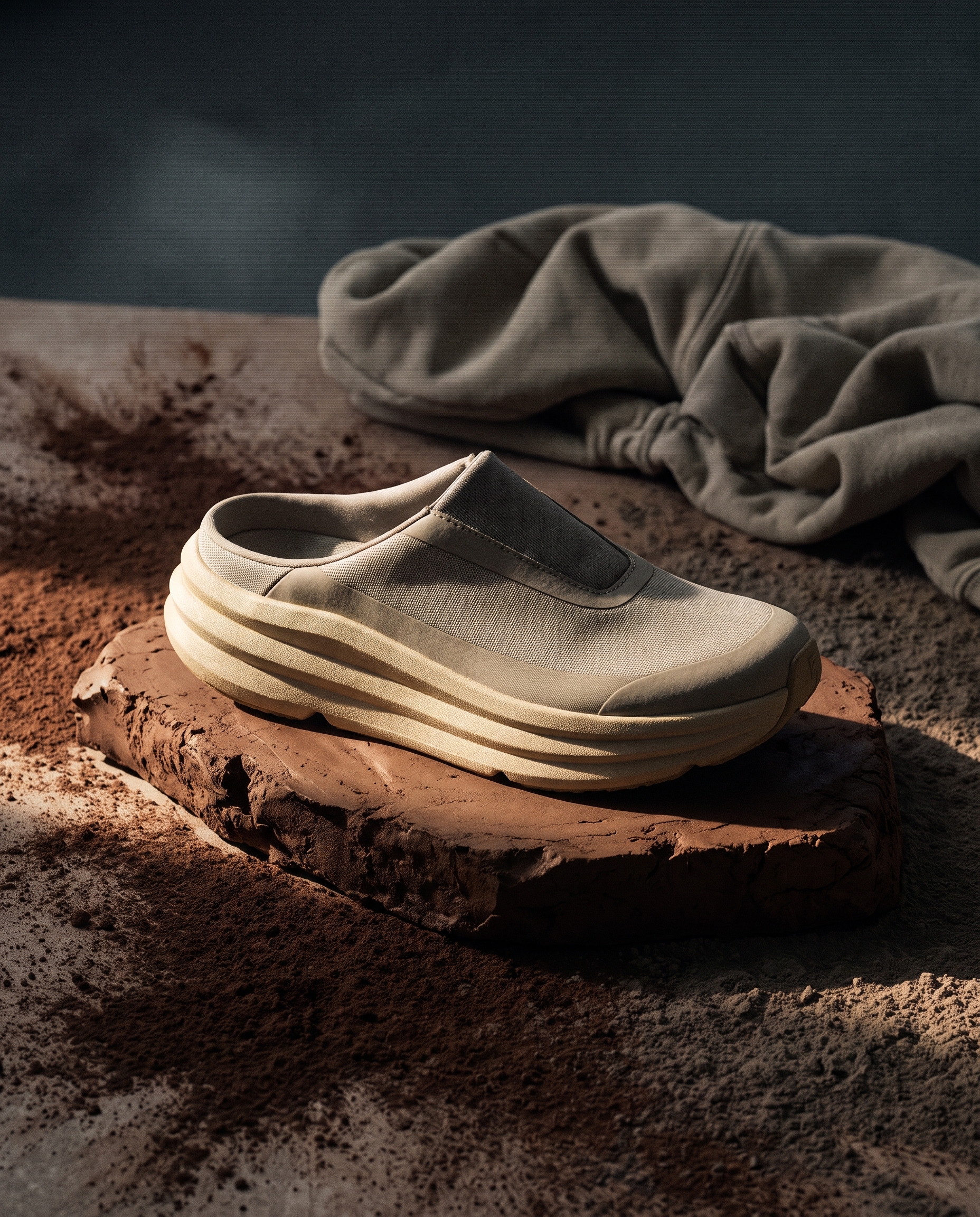 Studio still life of an earth-toned backless slip-on running mule on raw clay
