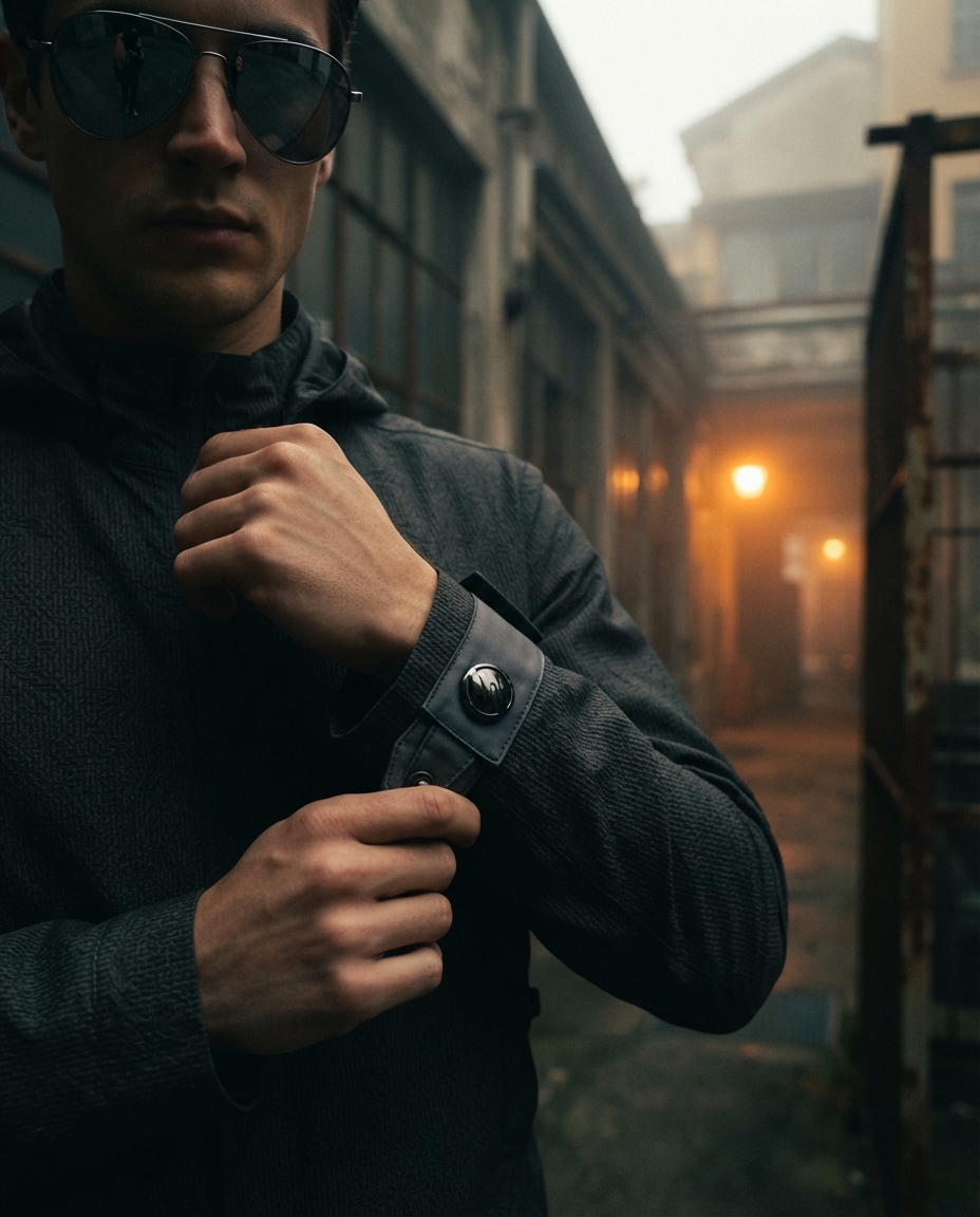 Runner in an ultralight technical jacket and titanium sunglasses in an industrial courtyard at dusk