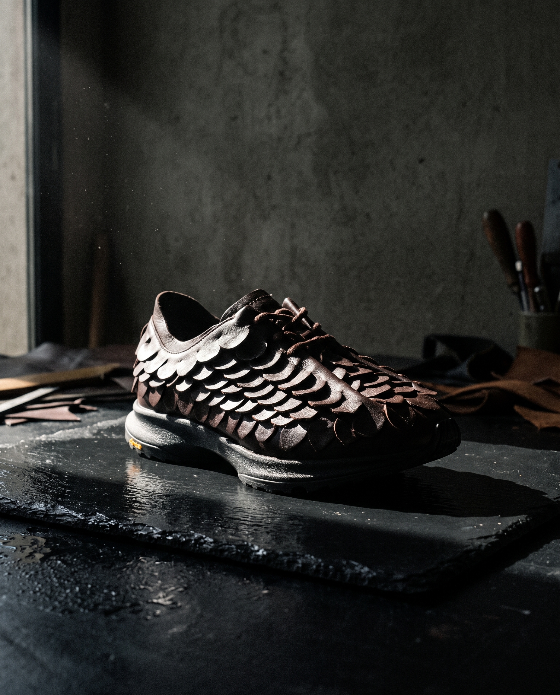 A low-top trainer with laser-cut leather petals on a wet slate slab in a dim atelier