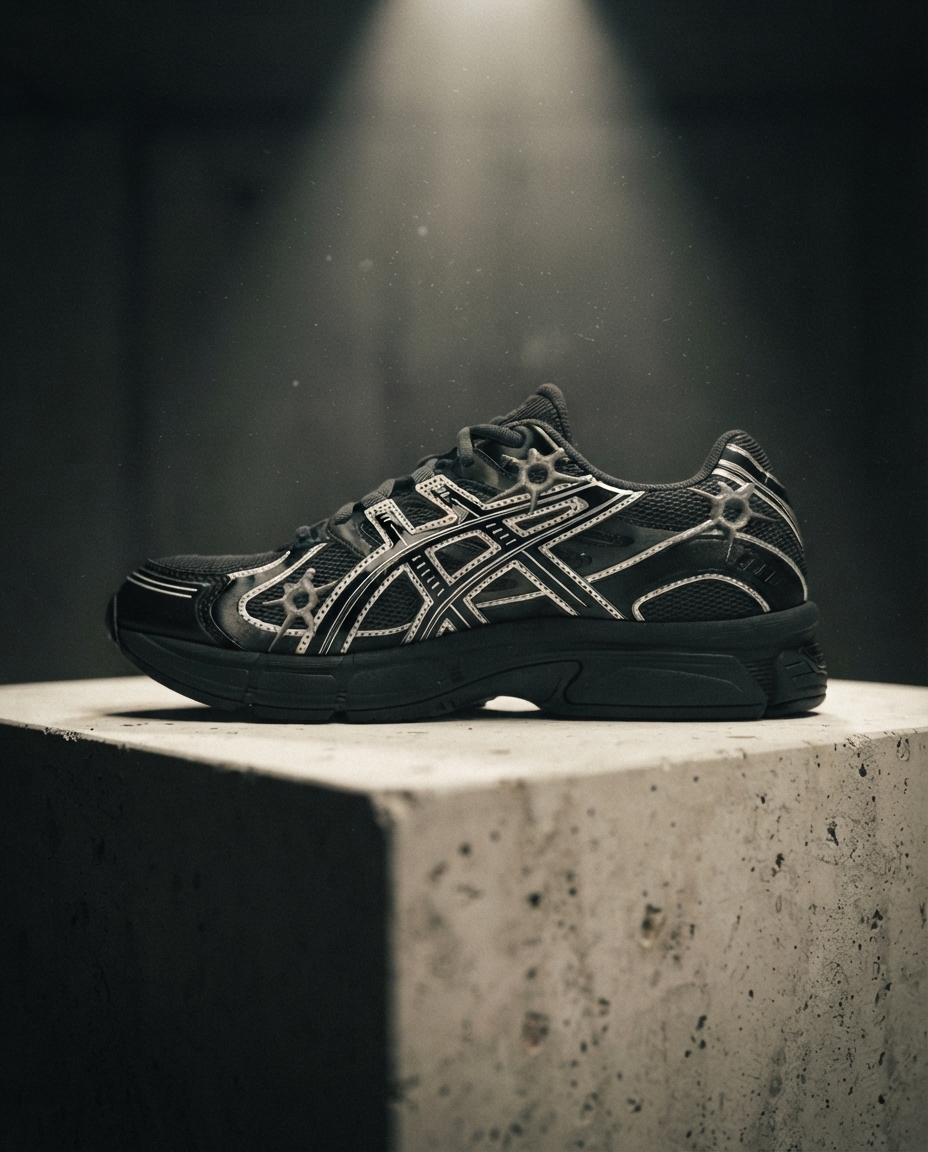 A grey and cream technical running shoe lit by a single hard spotlight on a raw concrete plinth