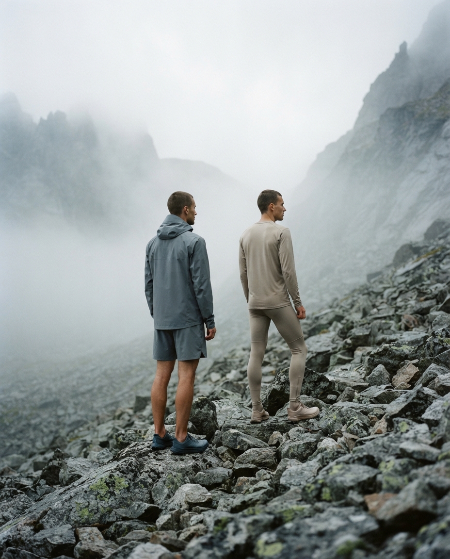 Two runners in muted minimalist technical apparel standing on a scree slope in low Nordic fog.