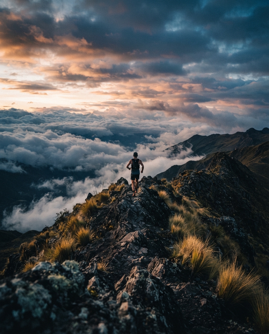 A small runner far away on an Andean ridge above a sea of cloud at first light.