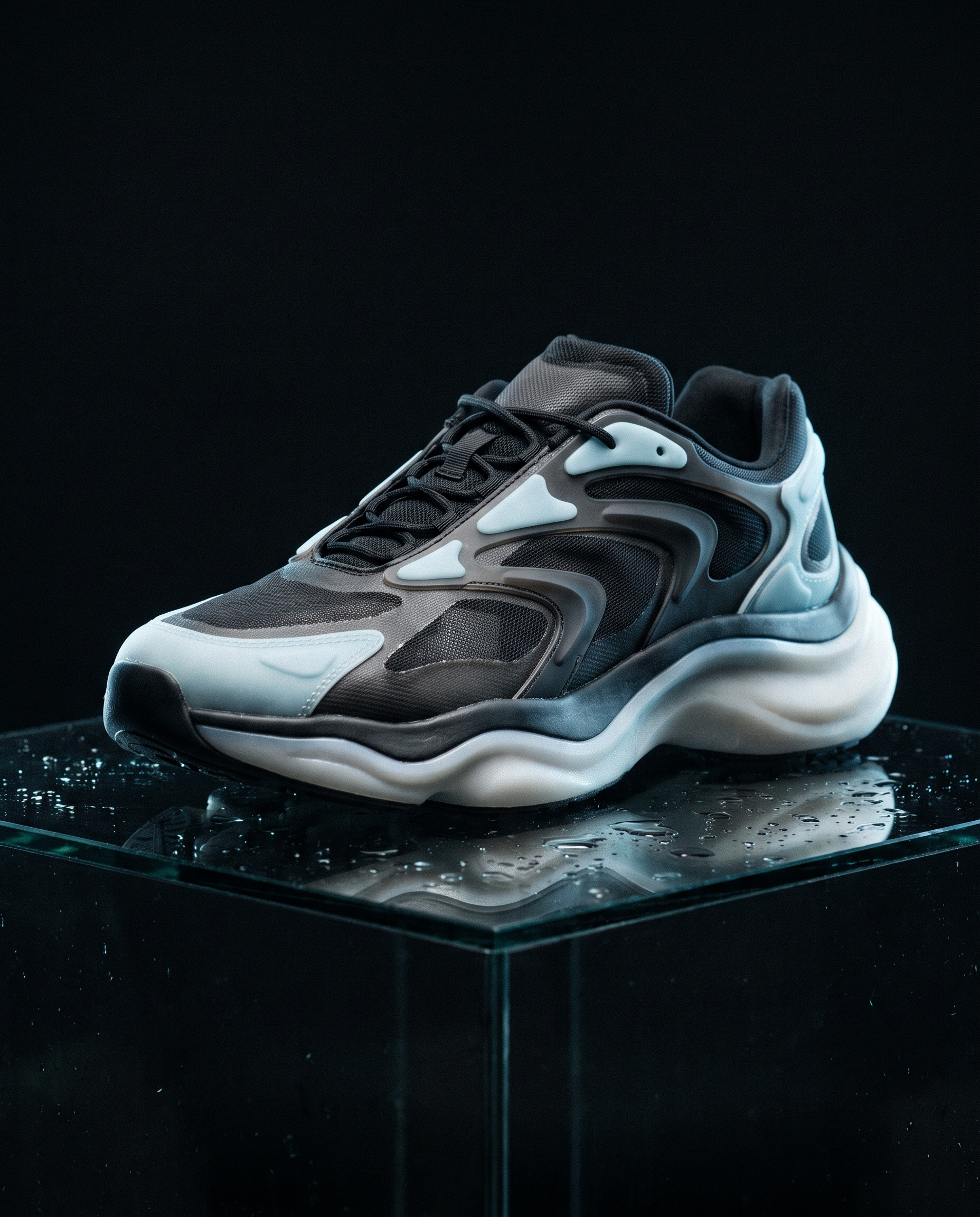 A chunky black mesh running sneaker with layered organic overlays and a thick wavy pale midsole, lit on a wet black glass plinth in a dark gallery.