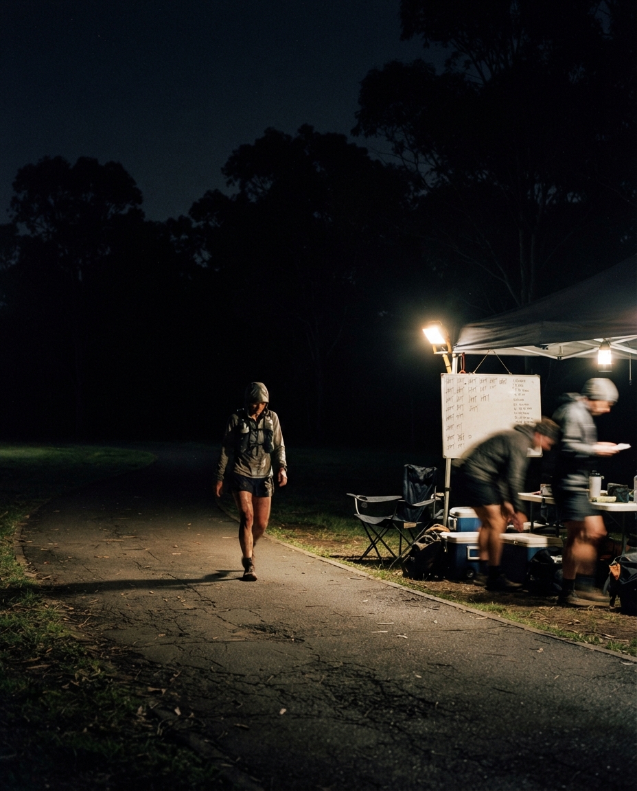 A floodlit suburban park loop at 3am during a backyard ultra, folding chairs and a tally whiteboard under a gazebo.