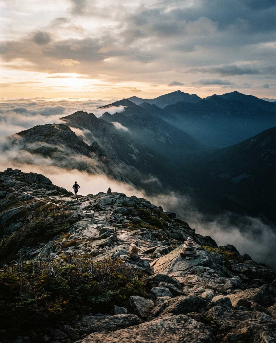 A tiny solitary runner on an exposed granite ridgeline above the clouds at first light, summits receding into haze.