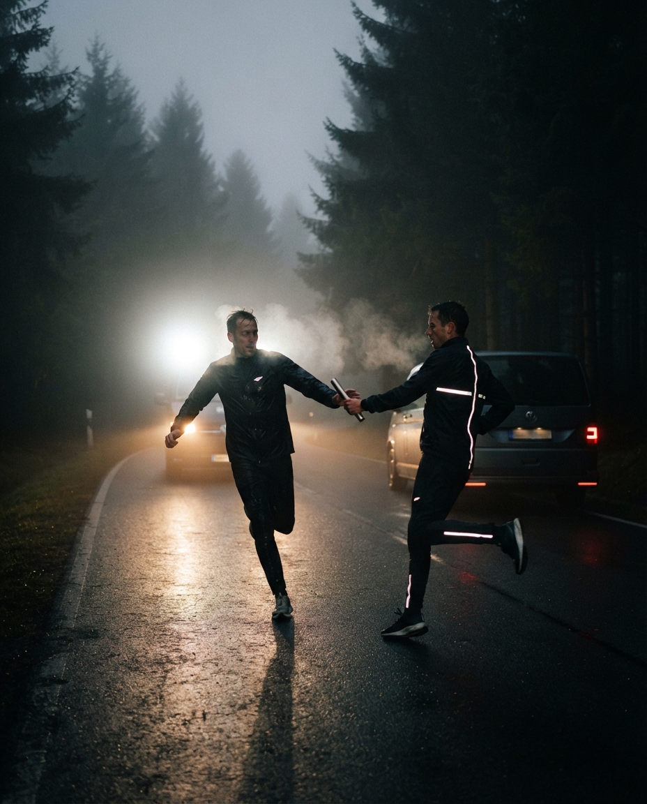 A relay handoff on a black country road in Germany at 3am, van headlights blowing out the fog behind two runners.