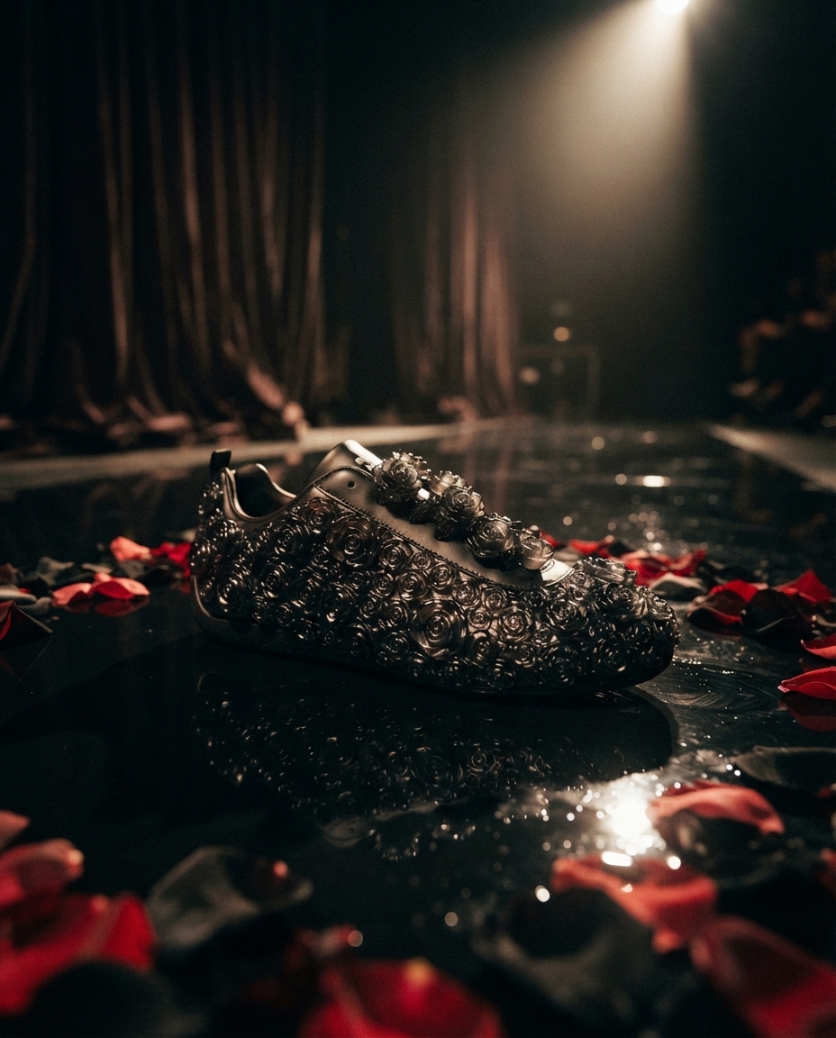 PUMA Speedcat covered in translucent rose appliqués under a hard spotlight on a glossy black runway floor