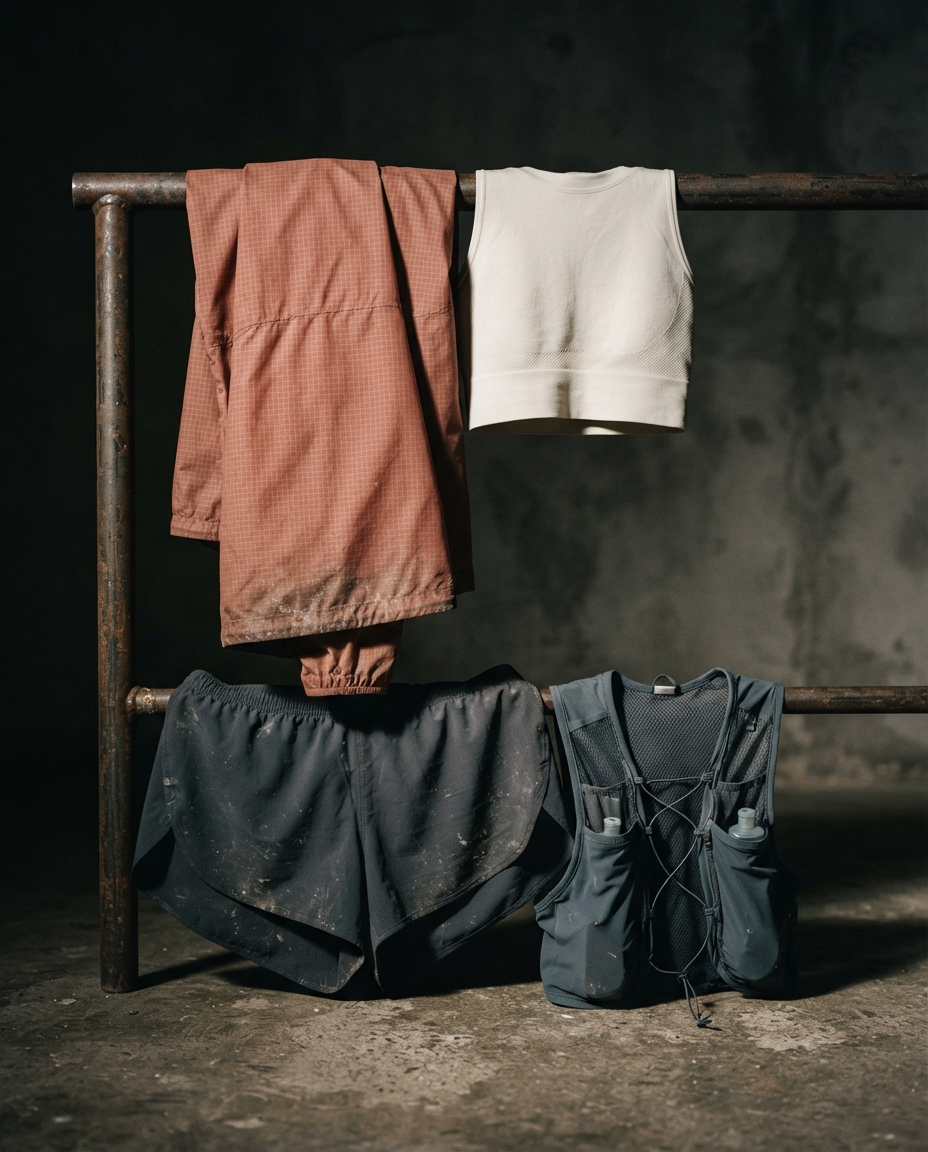 A minimal technical running kit laid out on a raw steel rail in a stripped back studio.