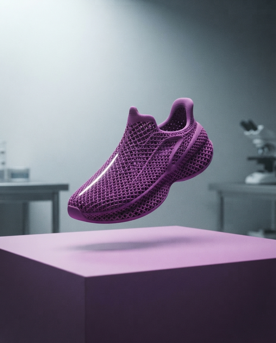A seamless one-piece 3D-printed sneaker on a matte lilac plinth