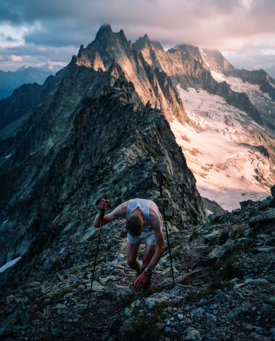 Mountain runner with poles ascending a steep alpine face at dawn