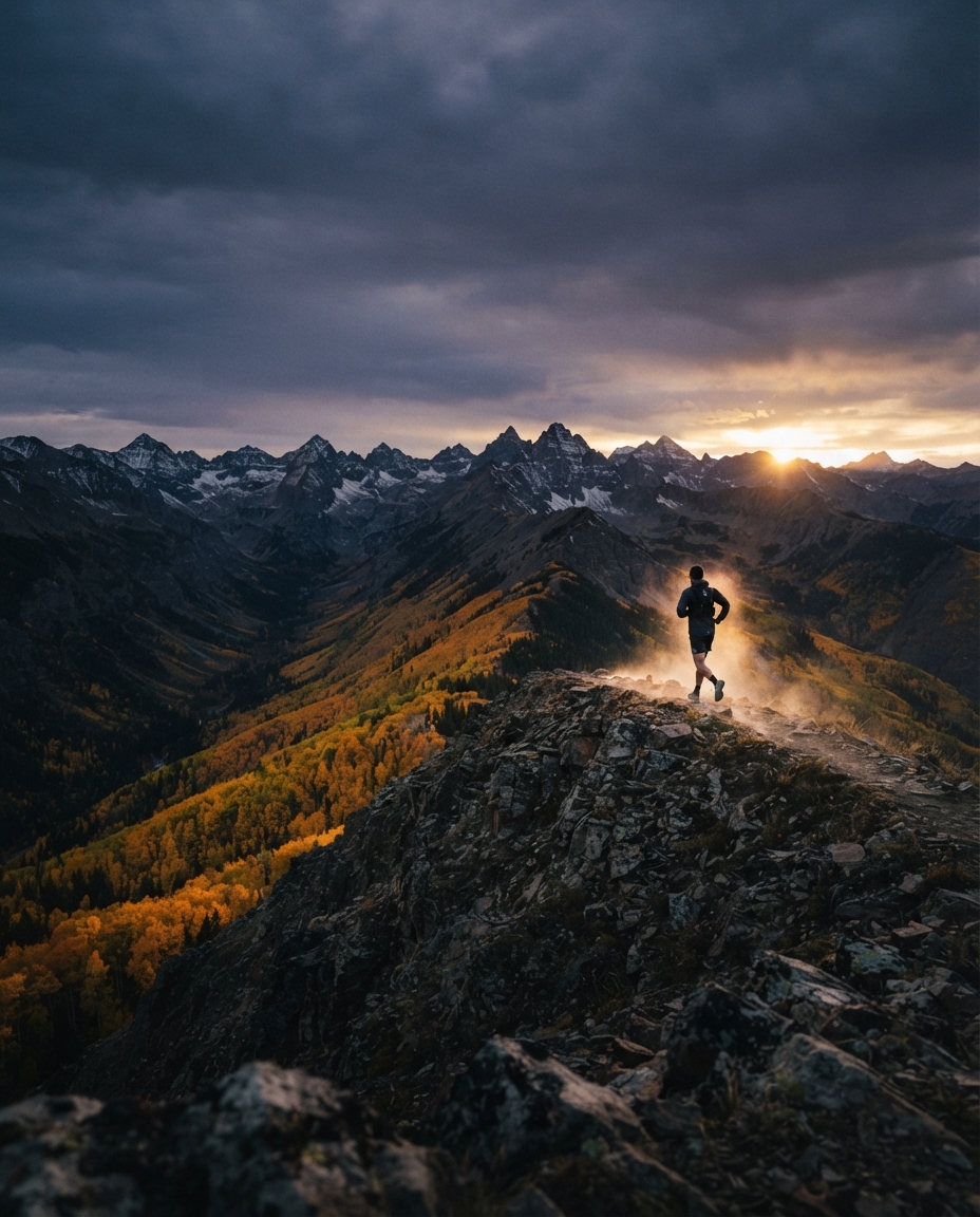 A lone ultrarunner on a Colorado ridgeline above golden aspen at first light